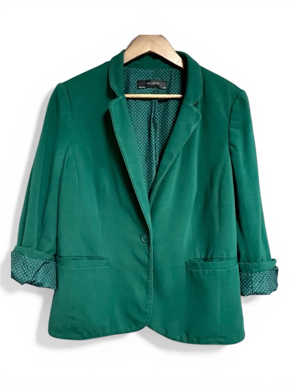 The Limited Emerald Green Blazer Polka Dot Lining Roll Tab Sleeve Jacket